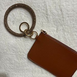 NWOT Gold rhinestone Wristlet ring key chain ID brown zipper pouch 6" x 3.5"